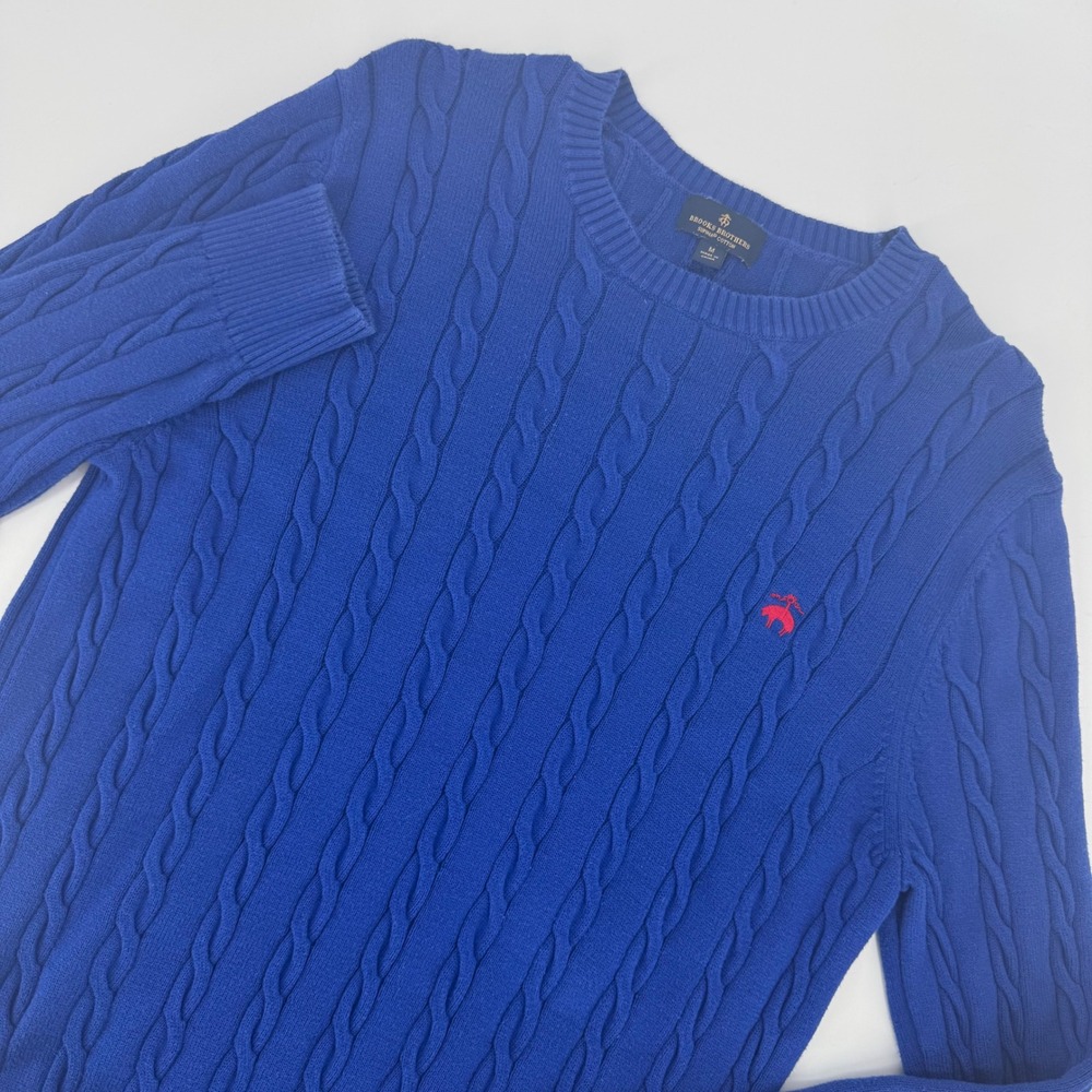 Brooks Brothers Mens Supima Cotton Cable Knit Sweater Blue Logo Size M